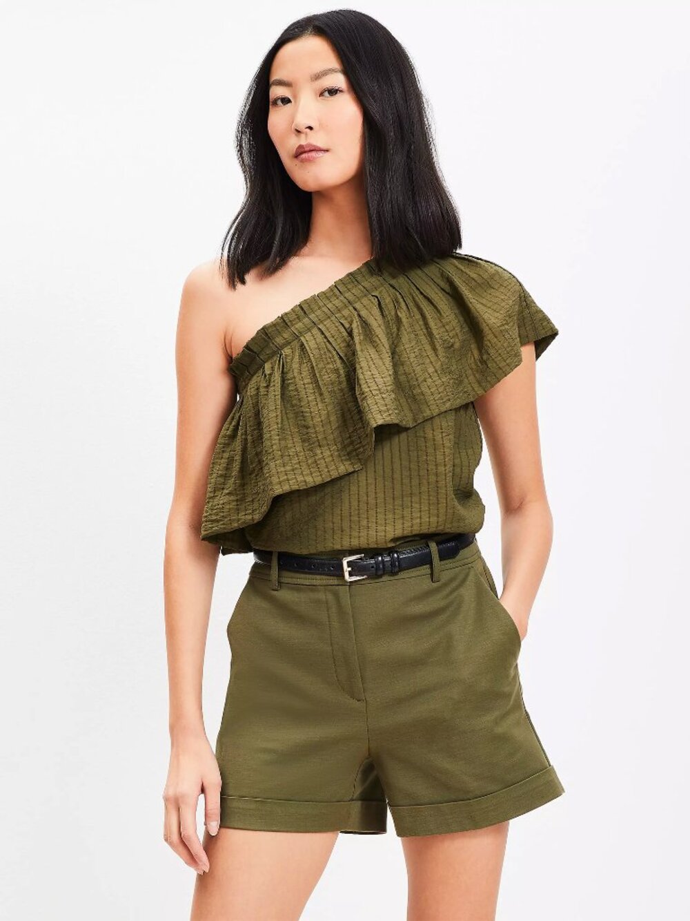 LOFT One Shoulder Lightweight Textured Blouse - Ruffle Neckline, Olive Green $60
